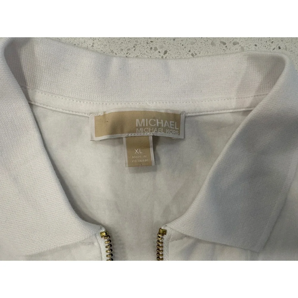 Michael Kors Polo Top Womens XL White Excellent Half Zip Ruched Chic Office